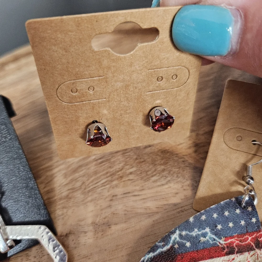 Women's Fashion Set of 3 Pairs Earrings American Flag Silver Red Crystal Studs